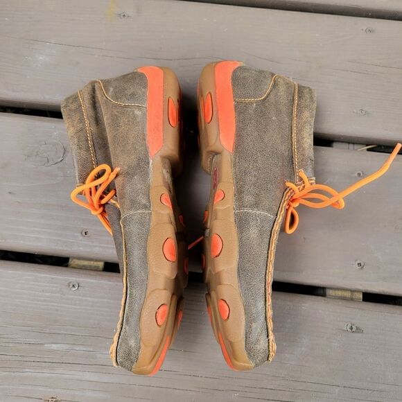 Twisted X Brown Leather Neon Orange Moccasin Moc Square Toe Ankle Driving Loafer - Picture 4 of 9